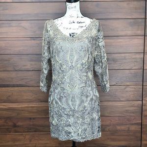 Gold 3/4 Sleeve Embroidery Mini V Neck Dress